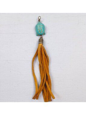 Turquoise Buddha Pendant With Brown Suede Tassel Keychain Or Bag Charm